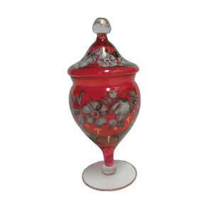 VTG Hand Painted Floral Cranberry Glass w/ Gold Trim Candy Jar Apothecary Candy